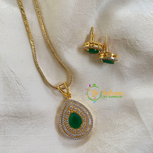 Gold Look Alike Chain with AD Stone Pendant-Green -G6328