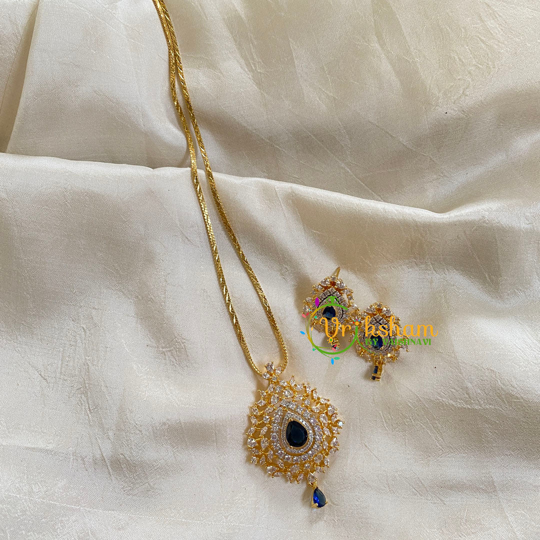 Gold Look Alike Chain with AD Stone Pendant-Blue-G6326