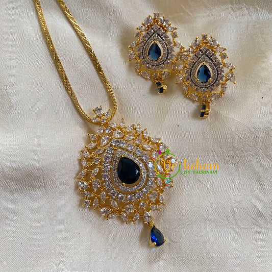 Gold Look Alike Chain with AD Stone Pendant-Blue-G6326