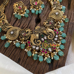 Pastel Green Bead Antique Choker Short Neckpiece-Elephants-G10294