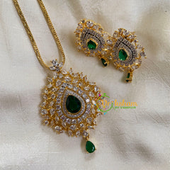 Gold Look Alike Chain with AD Stone Pendant-Green-G6325