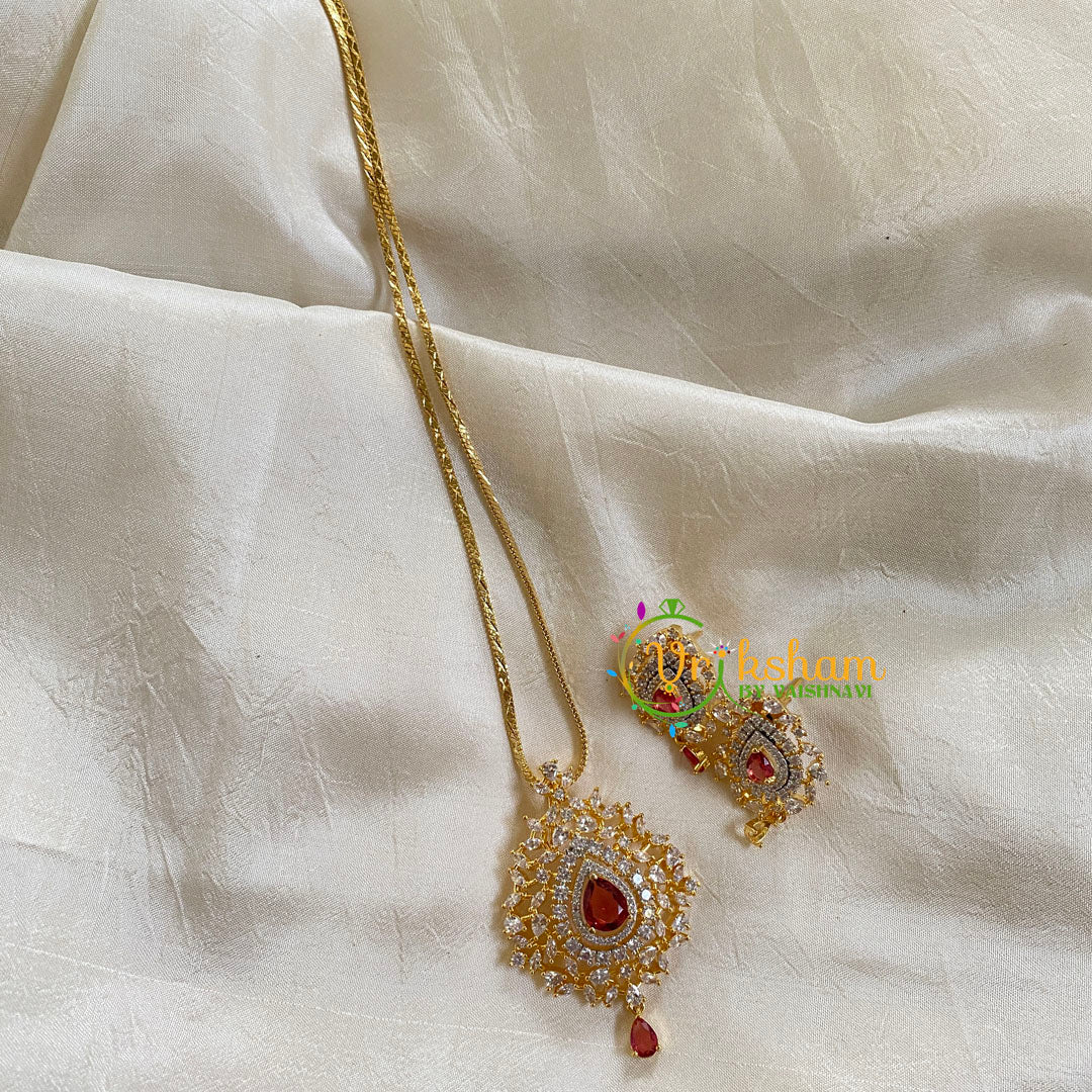 Gold Look Alike Chain with AD Stone Pendant-Red -G6324