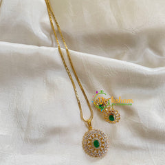 Gold Look Alike Chain with AD Stone Pendant-Matt Green-Oval-G6323