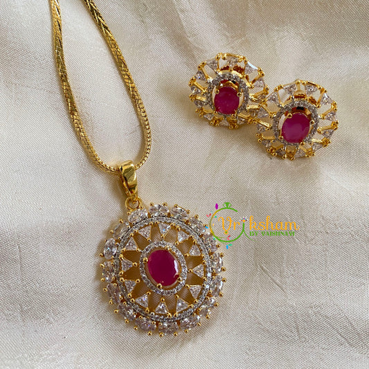 Gold Look Alike Chain with AD Stone Pendant-Pink-Oval-G6322