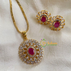 Gold Look Alike Chain with AD Stone Pendant-Pink-Oval-G6322