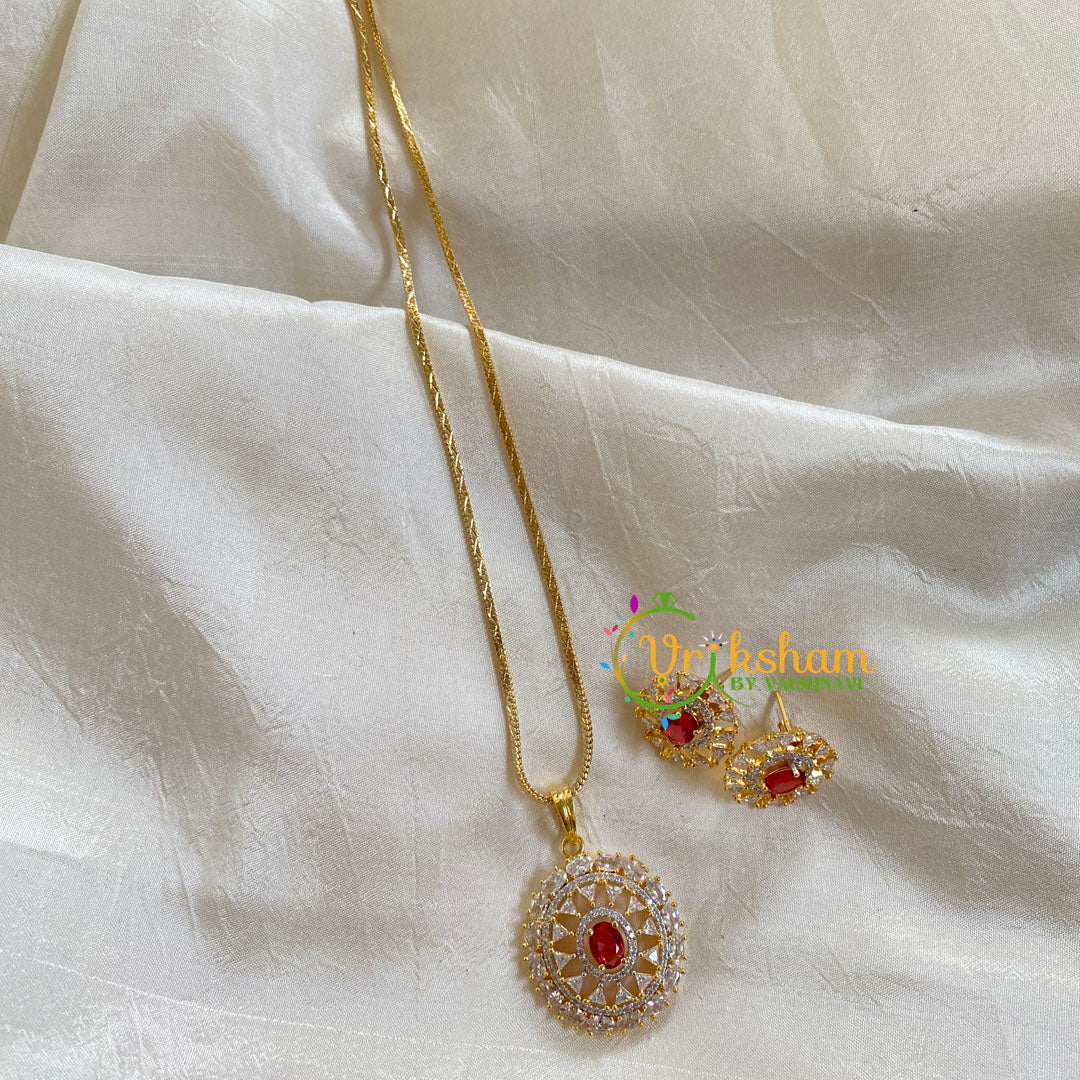 Gold Look Alike Chain with AD Stone Pendant-Red-Oval-G6320