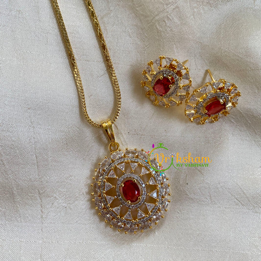 Gold Look Alike Chain with AD Stone Pendant-Red-Oval-G6320