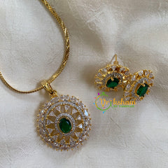 Gold Look Alike Chain with AD Stone Pendant-Dark Green-Oval-G6318