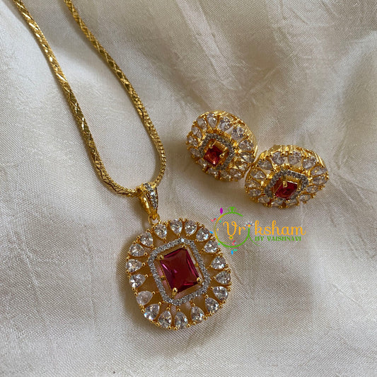 Gold Look Alike Chain with AD Stone Pendant-Red-Square-G6316