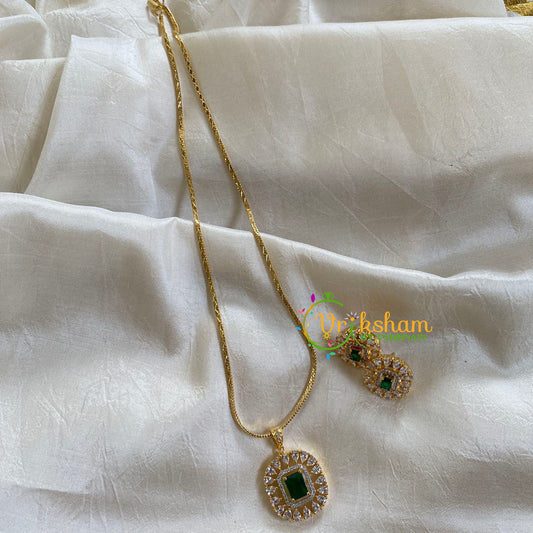 Gold Look Alike Chain with AD Stone Pendant-Dark Green-Square-G6315