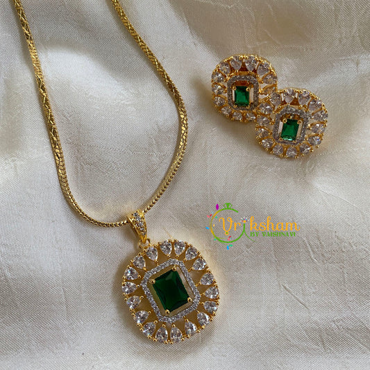 Gold Look Alike Chain with AD Stone Pendant-Dark Green-Square-G6315