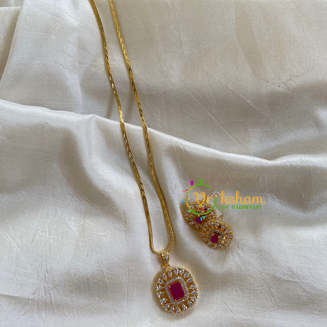 Gold Look Alike Chain with AD Stone Pendant-Pink-Square-G6314