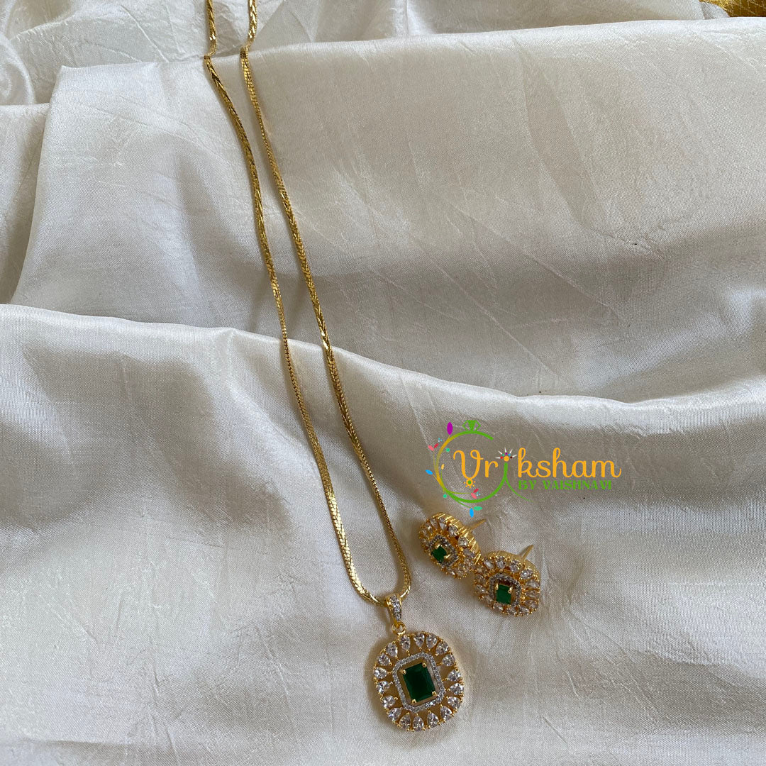 Gold Look Alike Chain with AD Stone Pendant-Dark Green-Square-G6313