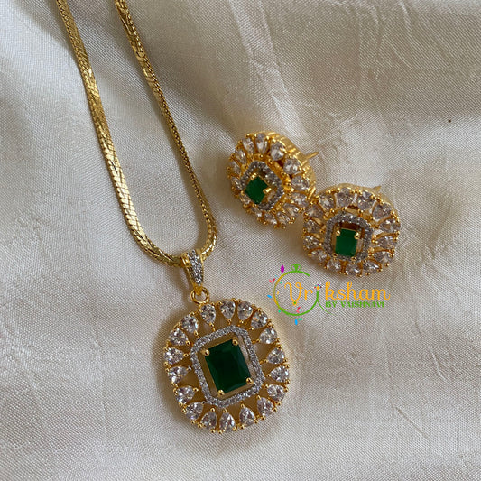 Gold Look Alike Chain with AD Stone Pendant-Dark Green-Square-G6313