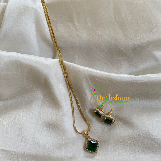 Gold Look Alike Chain with AD Stone Pendant-Green-Diamond-G6312