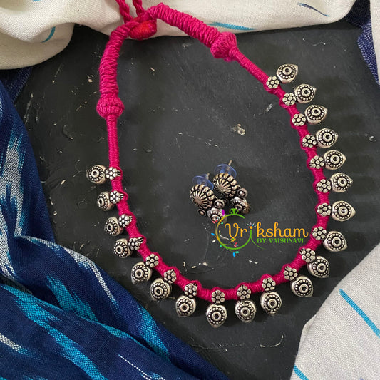 Kolhapuri Silver Neckpiece - Pink Thread-S701