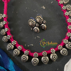 Kolhapuri Silver Neckpiece - Pink Thread-S701