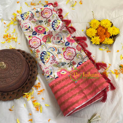 White Kalamkari Saree with Floral Design-VS288