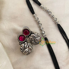 Pink Stone Peacock Pendant Black Beaded Chain -S505