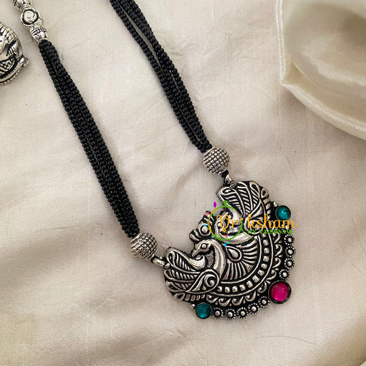 Pink Stone Peacock Pendant Black Beaded Chain -S505