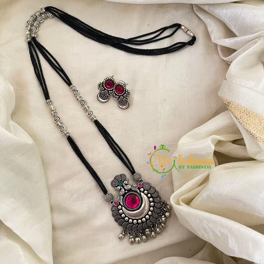 Pink Stone Pendant Black Beaded Chain -S506