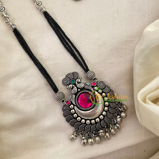 Pink Stone Pendant Black Beaded Chain -S506