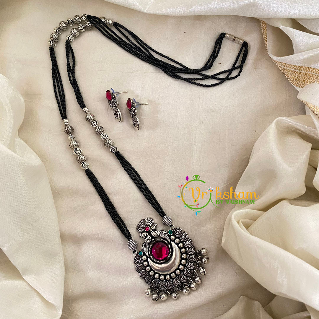 Pink Stone Pendant Black Beaded Chain -S507