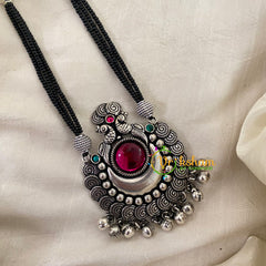 Pink Stone Pendant Black Beaded Chain -S507