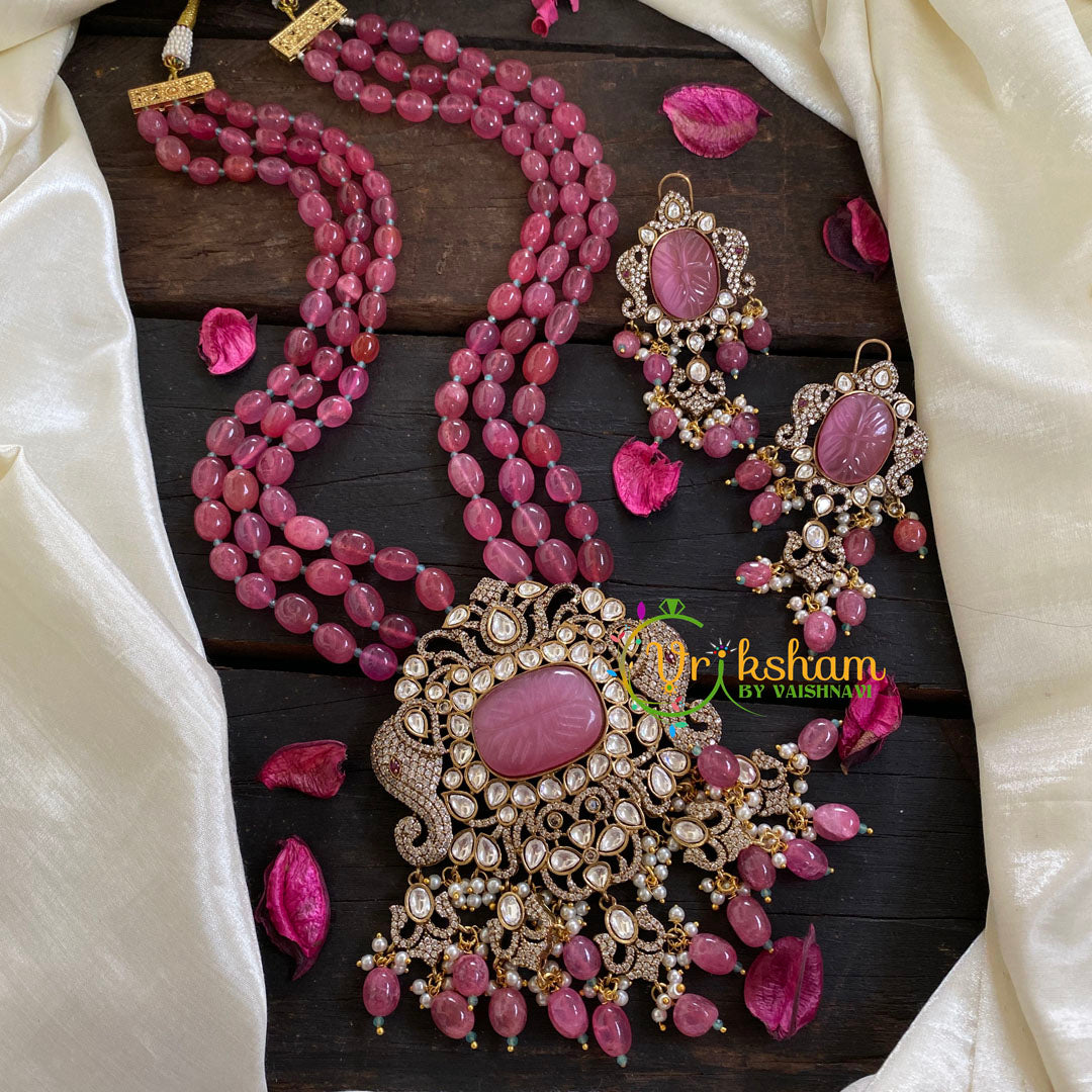 3 Layered Victorian Diamond Neckpiece-Pinkish Maroon-VV055