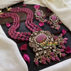 3 Layered Victorian Diamond Neckpiece-Pinkish Maroon-VV055