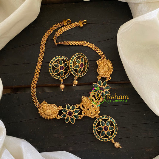 Green Red Stone Lakshmi Short Neckpiece -G7773