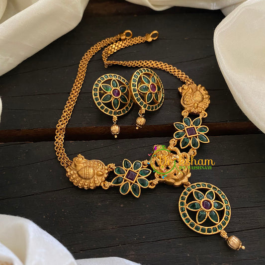 Green Red Stone Lakshmi Short Neckpiece -G7773