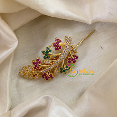 AD Stone Gold Saree Pin -Dress Pin -Red Green Flower Saree Brooch -G7737