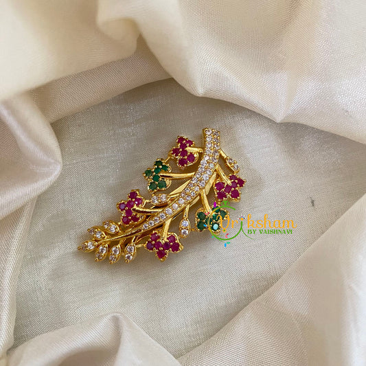 AD Stone Gold Saree Pin -Dress Pin -Red Green Flower Saree Brooch -G7737