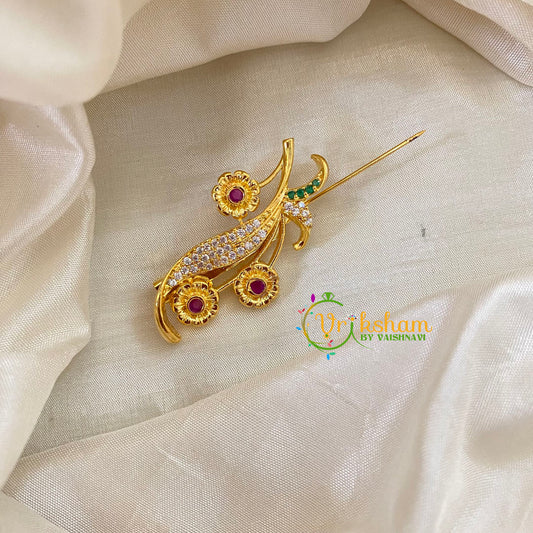 AD Stone Gold Saree Pin -Dress Pin -Tri Flower Saree Brooch -G7755