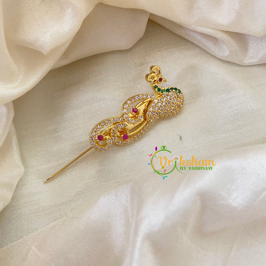 AD Stone Gold Saree Pin -Dress Pin -Seated Peacock Saree Brooch -G7754