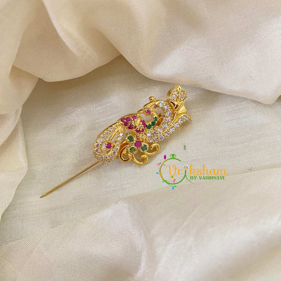 AD Stone Gold Saree Pin -Dress Pin -Turned Peacock Saree Brooch -G7752