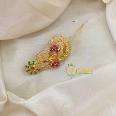 AD Stone Gold Saree Pin -Dress Pin -Dual Floral Saree Brooch -G7743