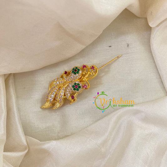 AD Stone Gold Saree Pin -Dress Pin -Dual Peacock Saree Brooch -G7742