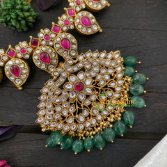 Precious Jadau Kundan Removable Pendant Neckpiece-Pink White-Green Bead-J1031