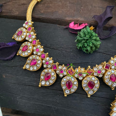 Precious Jadau Kundan Removable Pendant Neckpiece-Pink White-Green Bead-J1031