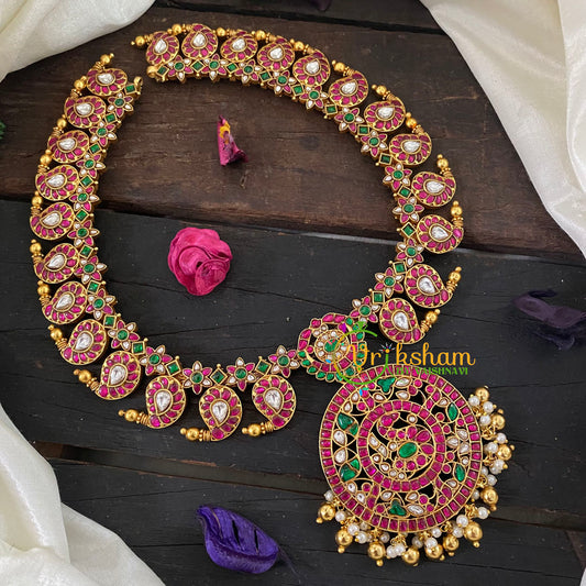 Precious Jadau Kundan Maanga Neckpiece -Pink White Green-J1032