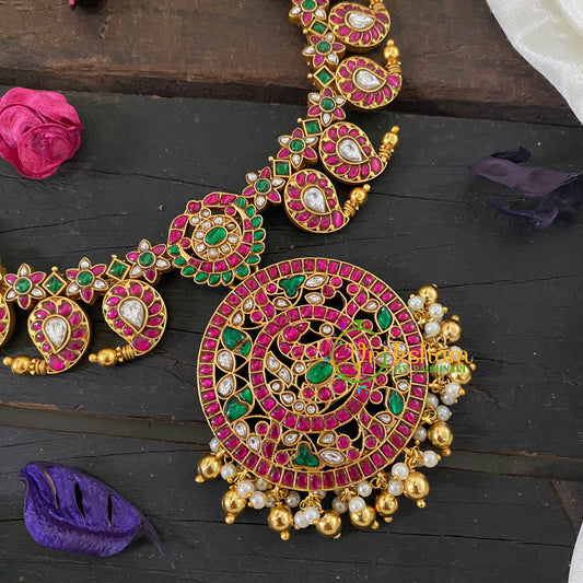 Precious Jadau Kundan Maanga Neckpiece -Pink White Green-J1032