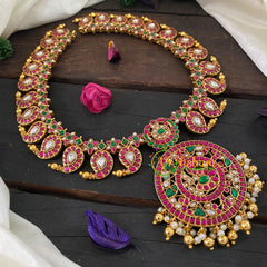 Precious Jadau Kundan Maanga Neckpiece -Pink White Green-J1032