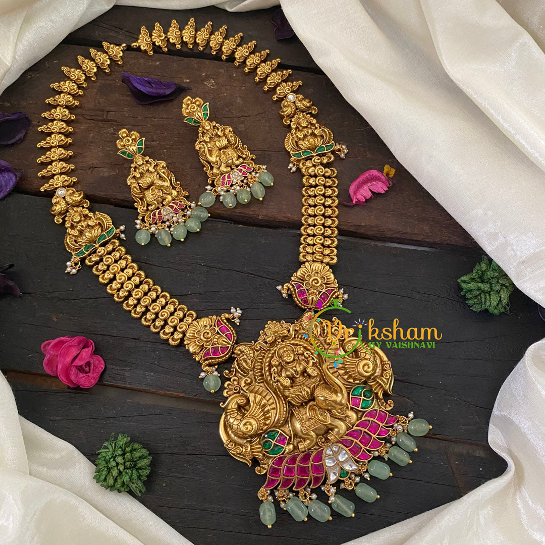 Gold Look Alike Jadau Kundan Lakshmi Haram -Pastel Green Bead -J1026