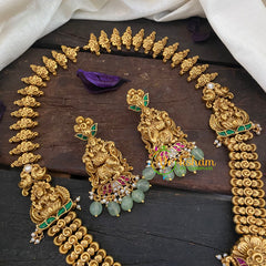 Gold Look Alike Jadau Kundan Lakshmi Haram -Pastel Green Bead -J1026