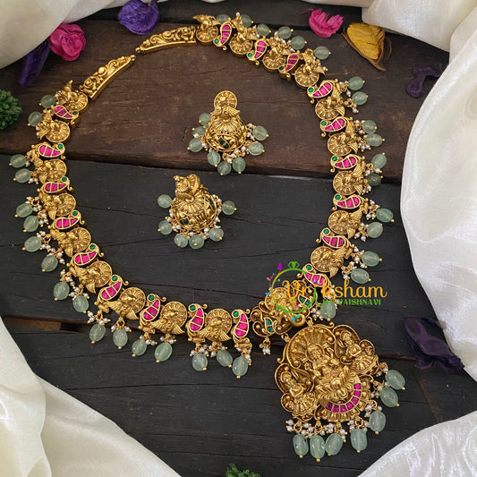 Precious Jadau Kundan Lakshmi Haram - Pastel Green Bead -J1023