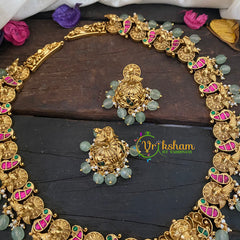 Precious Jadau Kundan Lakshmi Haram - Pastel Green Bead -J1023