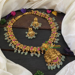 Precious Jadau Kundan Lakshmi Haram - Pastel Green Bead -J1023
