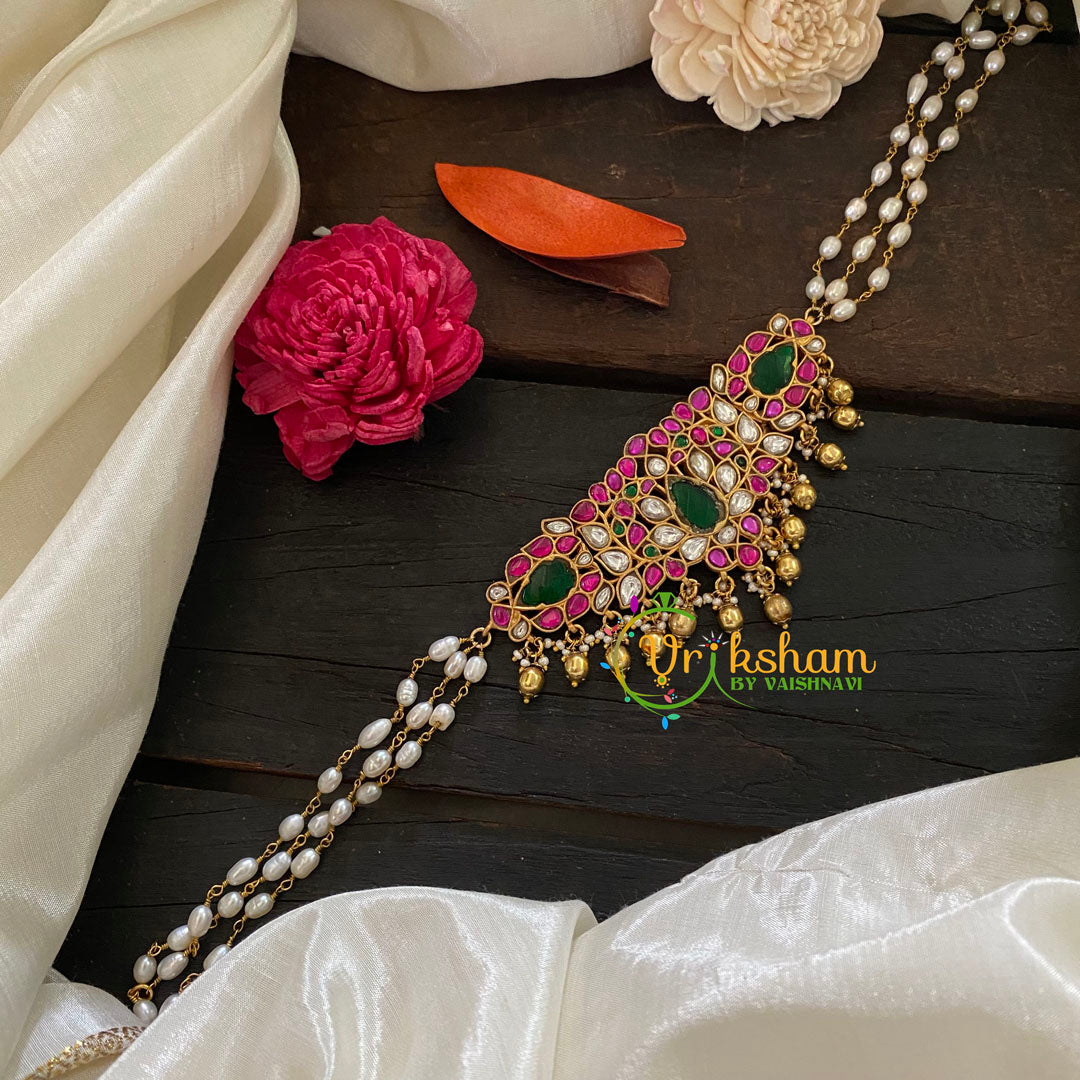 Jadau Kundan Pearl High Neck Choker-Pink White -J1057